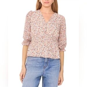 1.STATE Floral Print Smocked Waist Top NWT